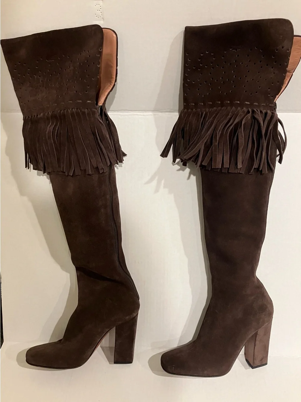 Alaia authentic Dark Brown Suede Over-the-Knee Fringe Boots